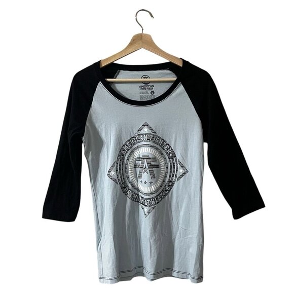 American Fighter Raglan Baseball Tee Size Medium Graphic Light Powder Blue Black - Picture 2 of 6